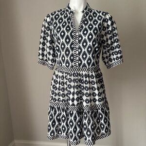 Be Boho Black Cream Geometic Bohemian Print Puff Sleeve Dress Womens Size Medium